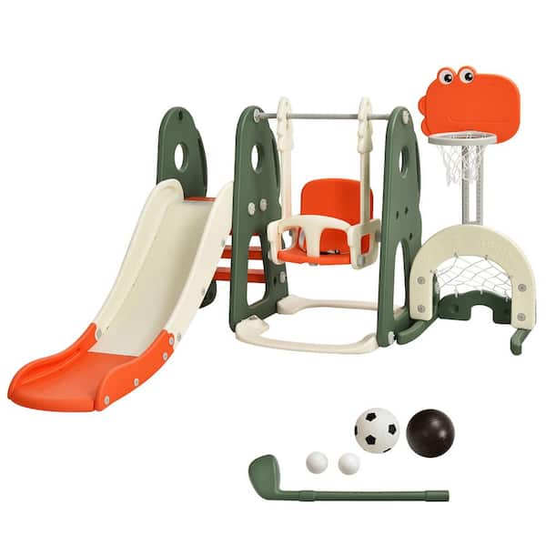 Costway 6-in-1 Toddler Slide and Swing Set Climber Playset with Ball Games Orange
