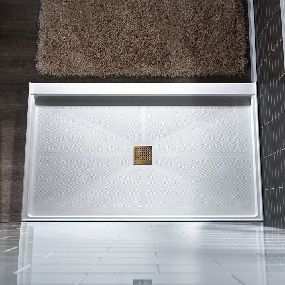 48" White Rectangular Shower Pan with Brushed Gold Drain