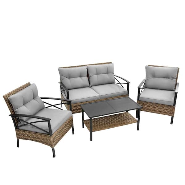 Angel Sar 4-Piece Wicker Sectional Low Dining Patio Conversation Sofa Set with Gray Cushion