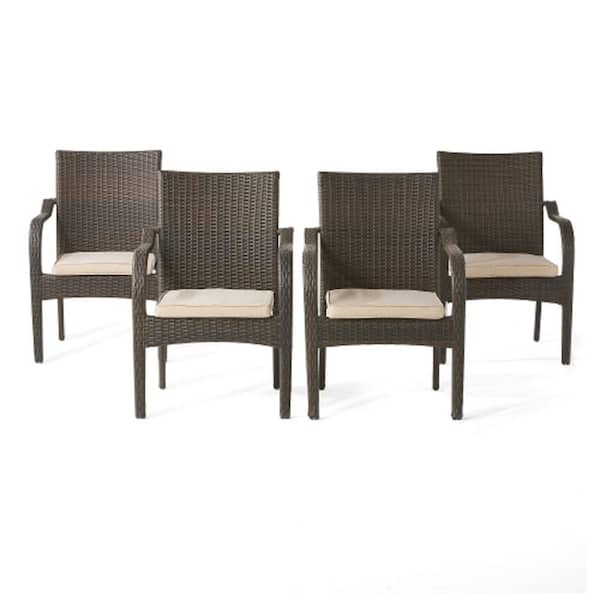 Brown Wicker Outdoor Dining Chair with Beige Cushions (Set of 4) Stackable Faux Rattan Outdoor Patio Dining Chairs