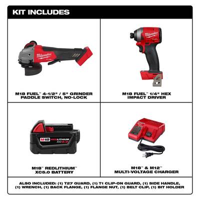 M18 FUEL 18-Volt Lithium-Ion Brushless Cordless 4-1/2 in./5 in. Grinder, Impact Driver with (1) 5.0 Ah Battery & Charger