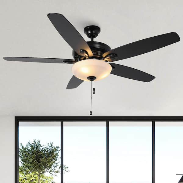 IHOMEadore 52 in. Indoor Modern Black Downrod and Flush Mount Ceiling Fan with Light, Reversible Blades and Pull Chains