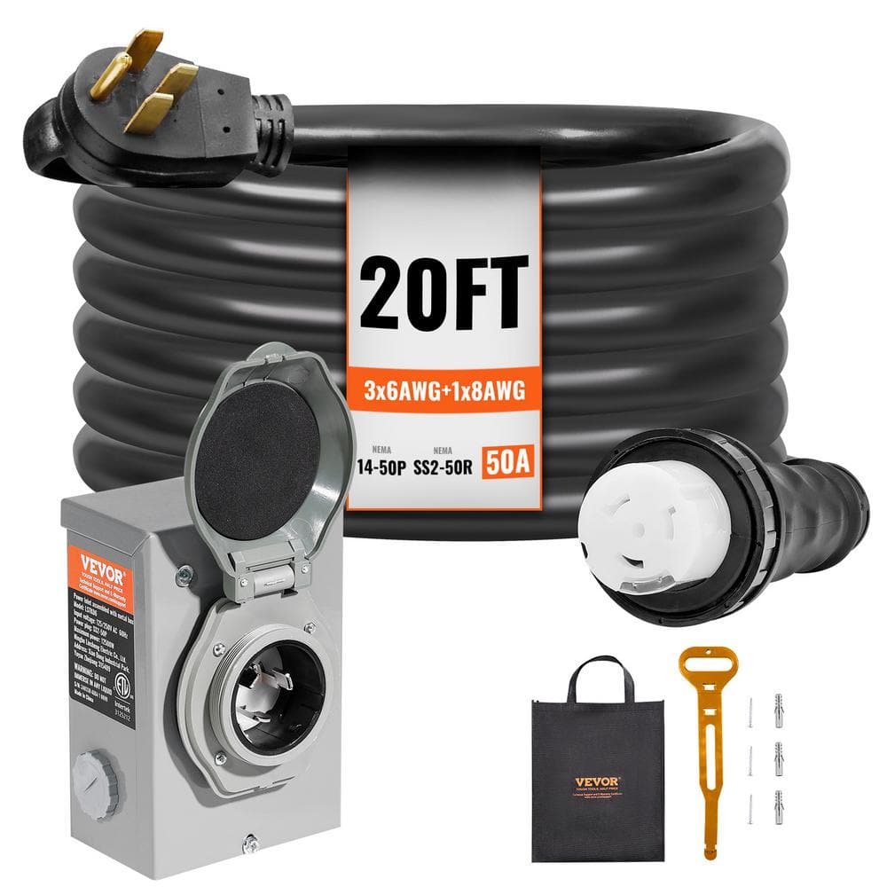 VEVOR 20 ft. 50 Amp 125-Volt Generator Extension Cord and Power Inlet Box Kit STW 6/3 Plus 8/1 AWG Generator Cord Twist Lock