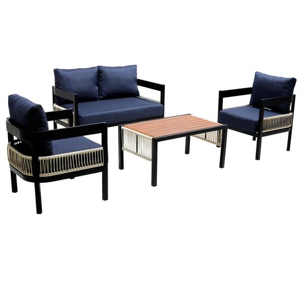 Black 4-Piece Iron and Rattan Outdoor Sectional Set with Blue  Cushions