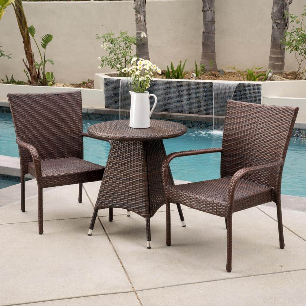 Landen Multi-Brown 3-Piece Faux Rattan Round Outdoor Patio Dining Set with Stacking Chairs -  Noble House, 6169