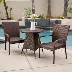 Landen Multi-Brown 3-Piece Faux Rattan Round Outdoor Patio Dining Set with Stacking Chairs