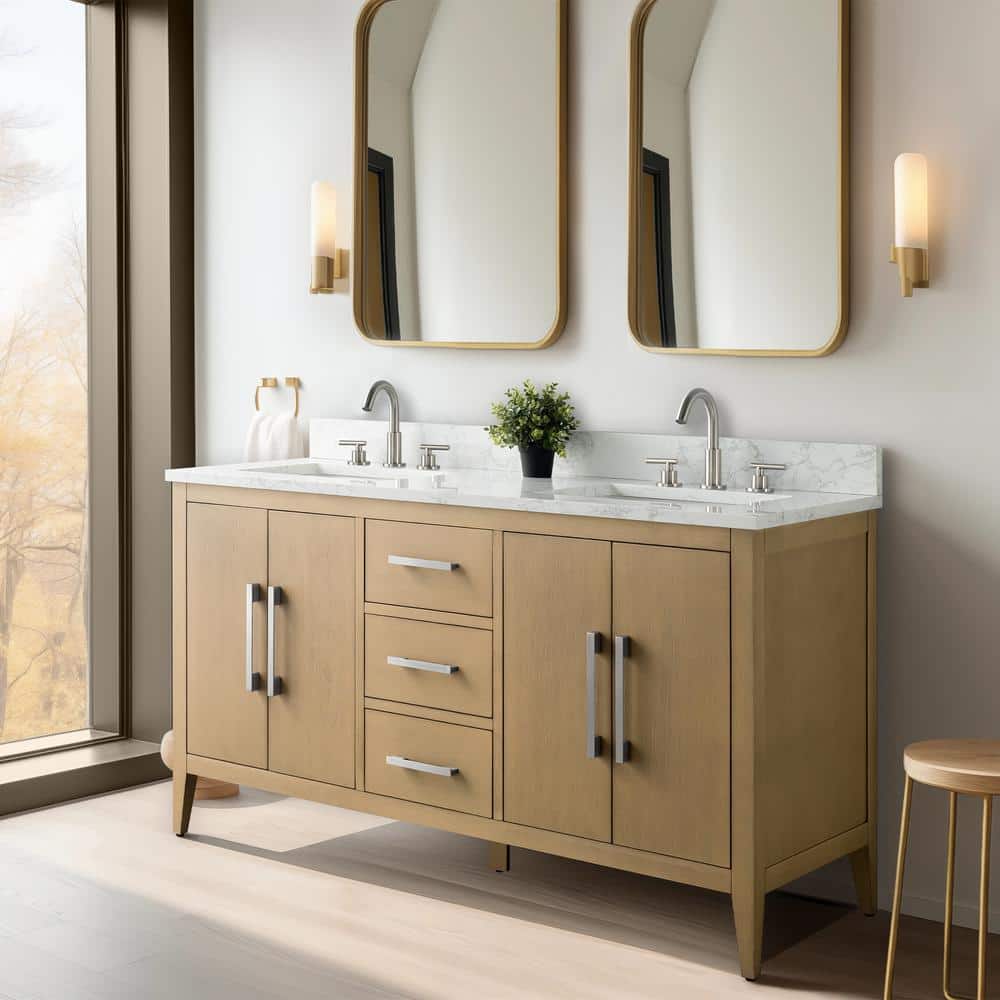 60" Natural Oak Double Sink Freestanding Bathroom Vanity with Engineered Marble Top