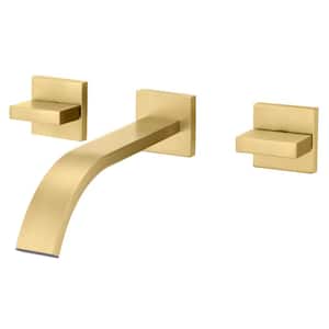 Waterfall Double Handle Wall Mounted Bathroom Faucet with Rough in Valve in Brushed Gold