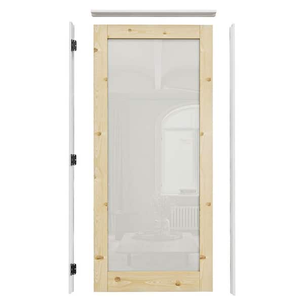 36 in. x 80 in. 1-Lite Frosted Glass Right Handed Unfinished Pine Single Interior Door Kit with Quick Assemble Jamb