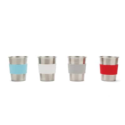 Silver Stainless Steel Kids' Cups with Silicone Sleeves, Set of 4