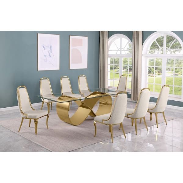 Best Quality Furniture Celia 9-Piece Clear Tempered Glass Top with Gold Stainless Steel Base Dining Set with 8 Cream Boucle Fabric Chairs