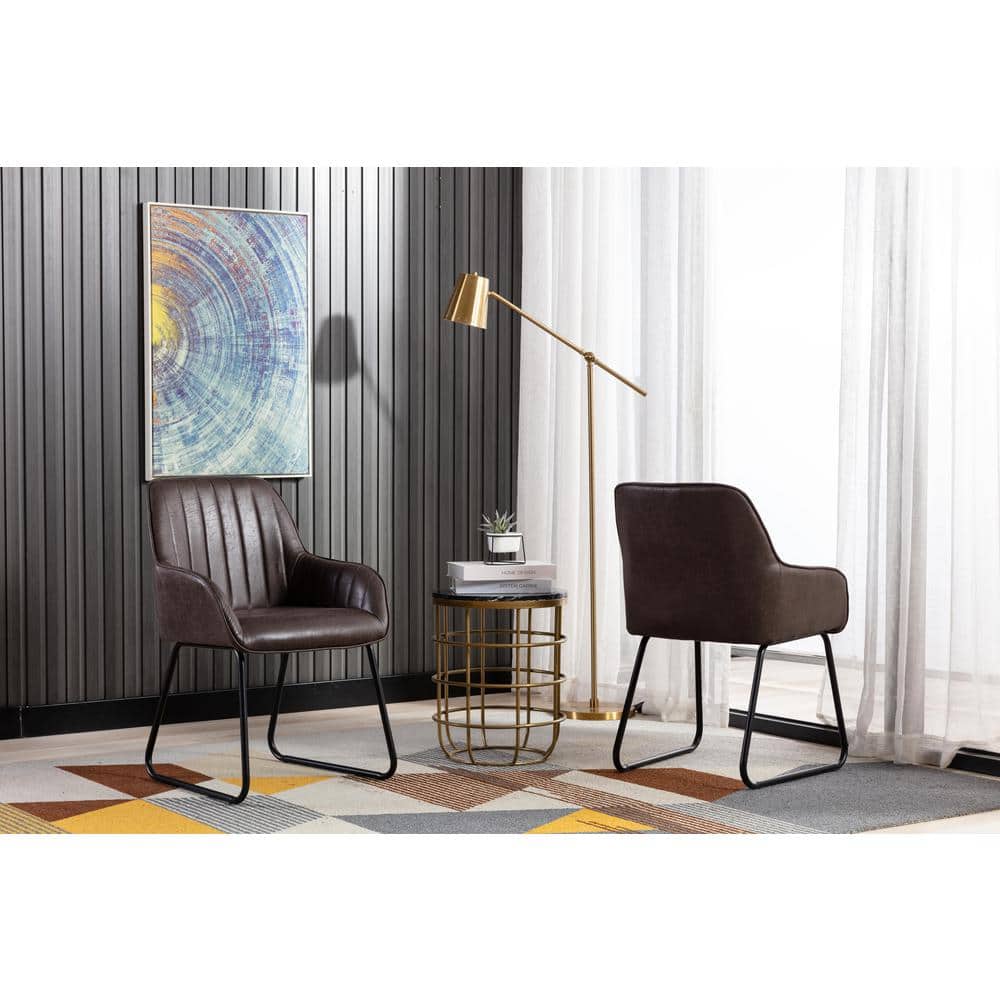 Low-Profile Black Leather Upholstered Arm Chair with Metal Base