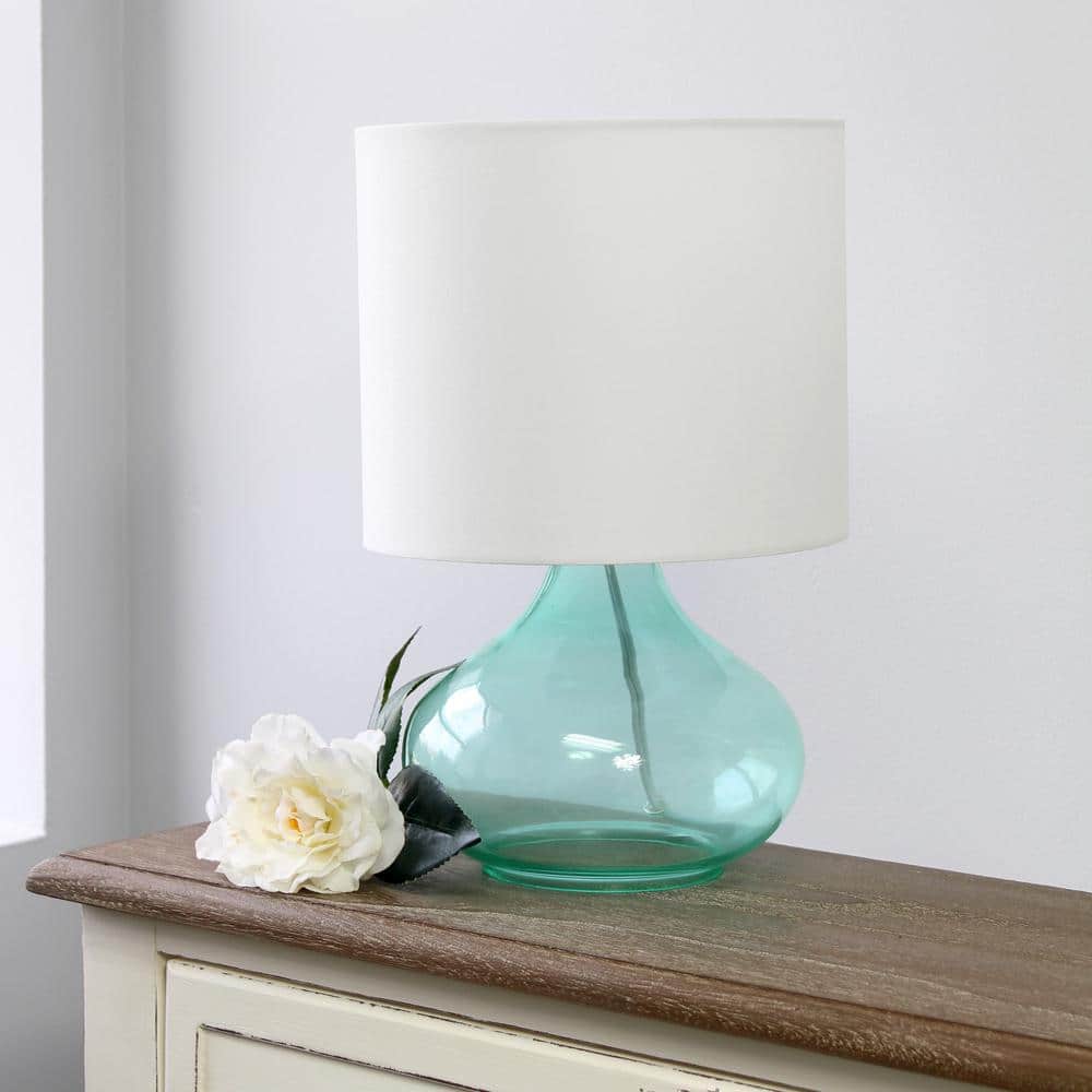 Aqua Glass Gourd Nightstand Lamp with White Barrel Shade