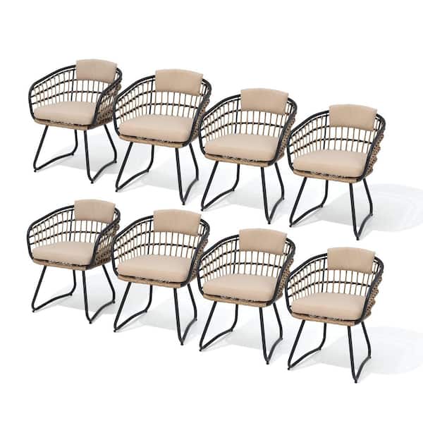 Outdoor Patio Wicker Dining Chairs PE Rattan Seating Set with Beige Cushion (Set of 8)