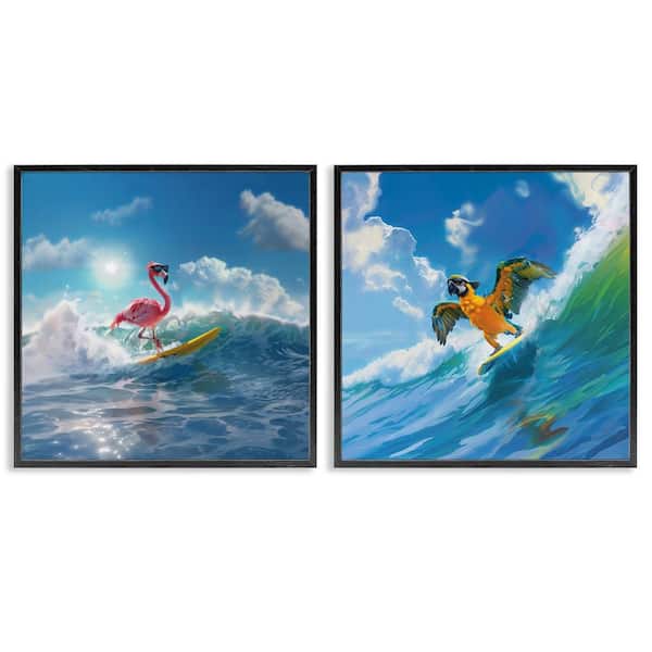 Stupell Industries Parrot and Flamingo Surf by Jim Baldwin 2 Pieces Black Framed Coastal Giclee Art Print 24 in. x 24 in.