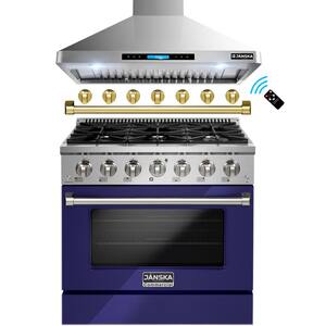 36 in. 870 CFM Wall-Mount Range Hood and 36 in. 5.2 cu. ft. Gas Range with Convection Oven in Glossy Blue