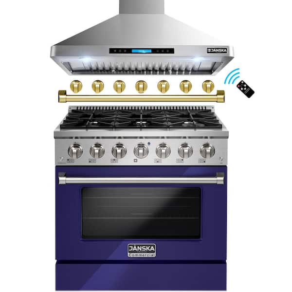 JANSKA 36 in. 870 CFM Wall-Mount Range Hood and 36 in. 5.2 cu. ft. Gas Range with Convection Oven in Glossy Blue