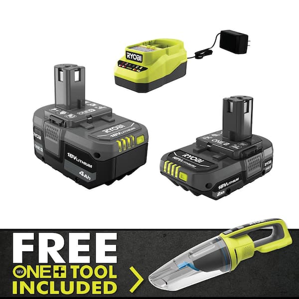 RYOBI ONE+ 18V Lithium-Ion 4.0 Ah Battery, 2.0 Ah Battery, and Charger Kit with FREE ONE+ Cordless Wet/Dry Hand Vacuum
