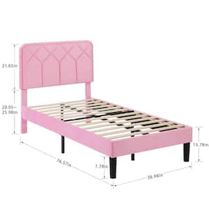 Bed Frame with Upholstered Headboard, Pink Metal Frame Twin Platform Bed with Strong Frame and Wooden Slats Support