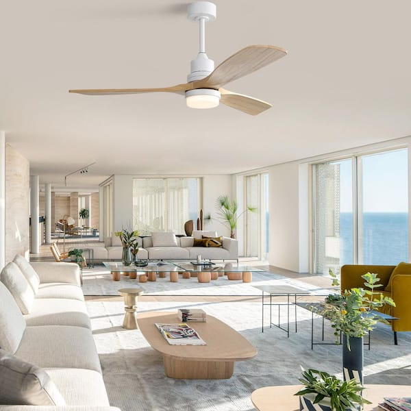 52 in. Indoor/Outdoor Matte White Downrod Mount Ceiling Fan with Light Kit, Wood Beige Blades Downrod Remote Included