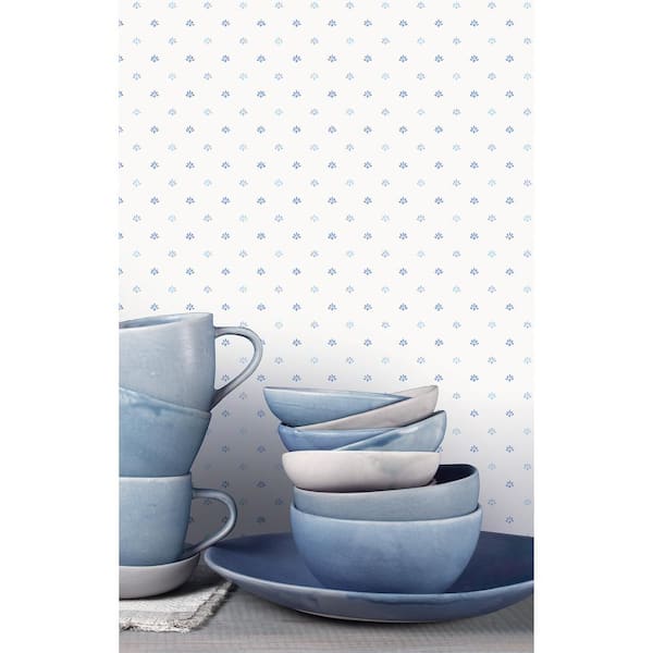 Miniatures 2-Blue Mini Floral Motif Design Matte Finish Non-Pasted Vinyl on Non-Woven Wallpaper Sample