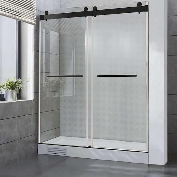 60 in. W x 76 in. H Freestanding Double Sliding Frameless Enclosure Alcove Shower Doors in Matte Black Finish