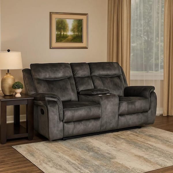 Benjara 72 in. Pillow Top Arm Faux Leather Rectangle Loveseat Power Recliner Sofa in Gray