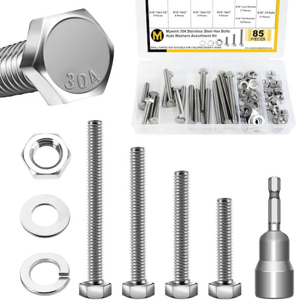 85-Piece 5/16 in. -18 Hex Head Bolt, Nut, and Washer Assortment Kit, 304-Stainless Steel