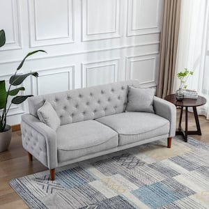 78 in. Wide Square Arm Polyester Mid-Century Modern Straight Tufted Sofa with Pillows in Gray