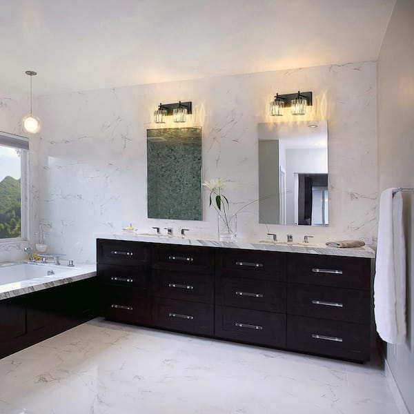 Orillia 12.6 in. 2-Light Black Bathroom Vanity Light with Crystal Shade Wall Sconce Over Mirror
