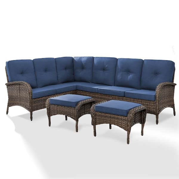 Flat Armrest Series Brown 3-Piece Wicker Patio Conversation Seating Set with CushionGuard Blue Cushions