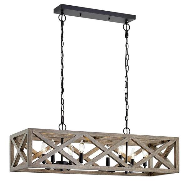 Fifth and Main Lighting Larkhall 8-Light Linear Pendant Matte Black with Wood Accent
