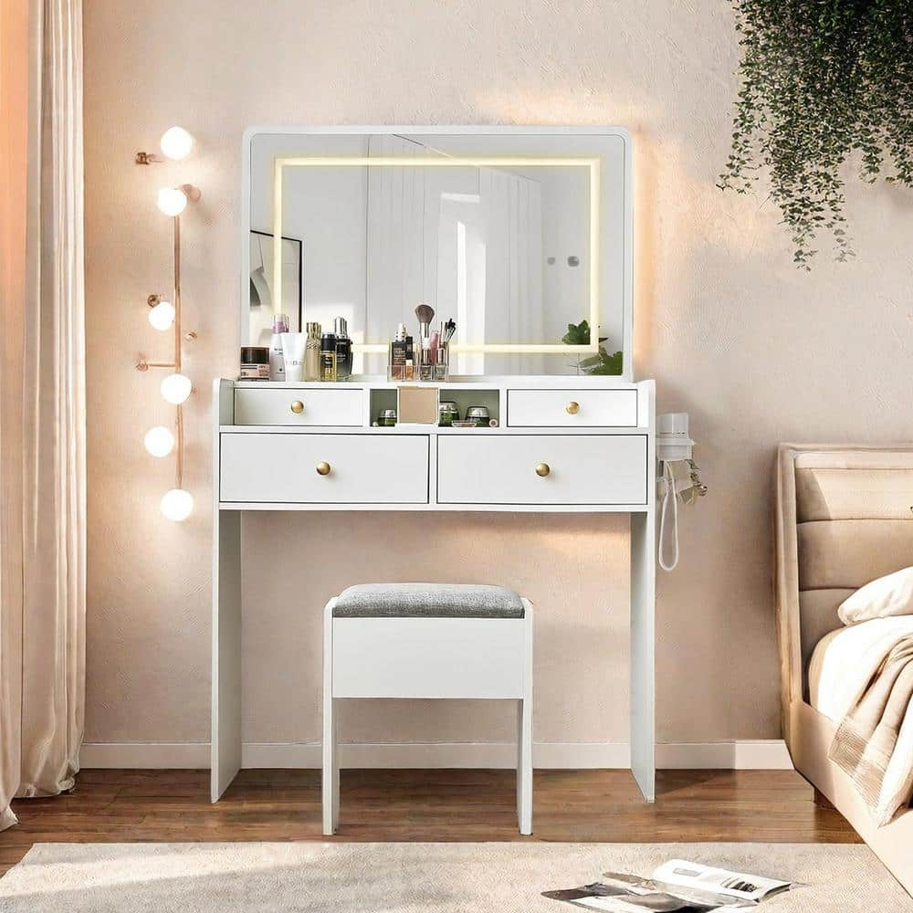 White Wood Vanity Desk with LED Mirror and Storage Bench