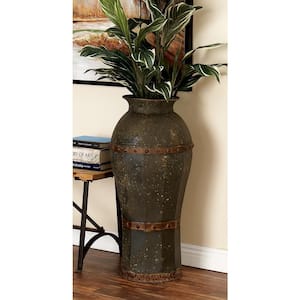 37 in., 33 in., 29 in. Brown Distressed Metal Decorative Vase with Rivet Details (Set of 3)