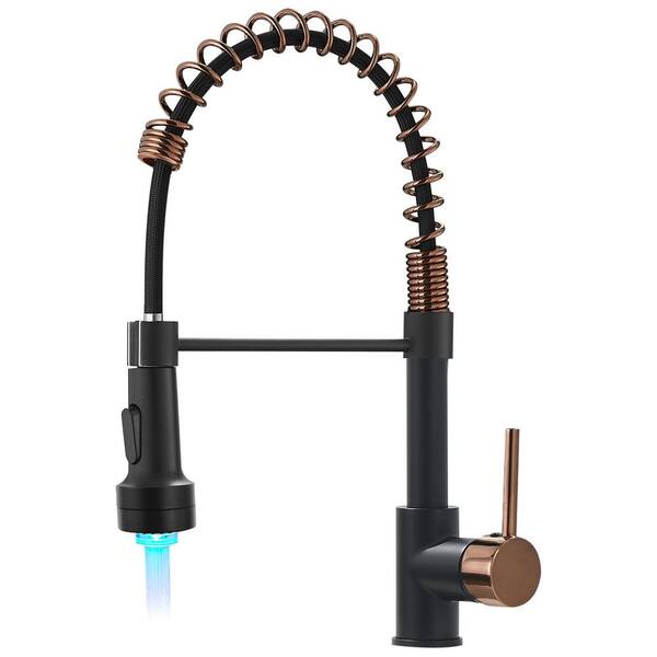 PERLIRIA INC Single Handle Pull Down Sprayer Kitchen Faucet with LED Light, Single Hole Kitchen Sink Faucet in Black and Rose Gold