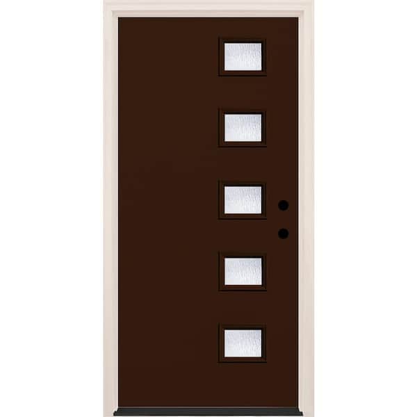 Builders Choice 36 in. x 80 in. Left-Hand/Inswing 5-Lite Rain Glass Chestnut Painted Fiberglass Prehung Front Door w/4-9/16 in. Frame