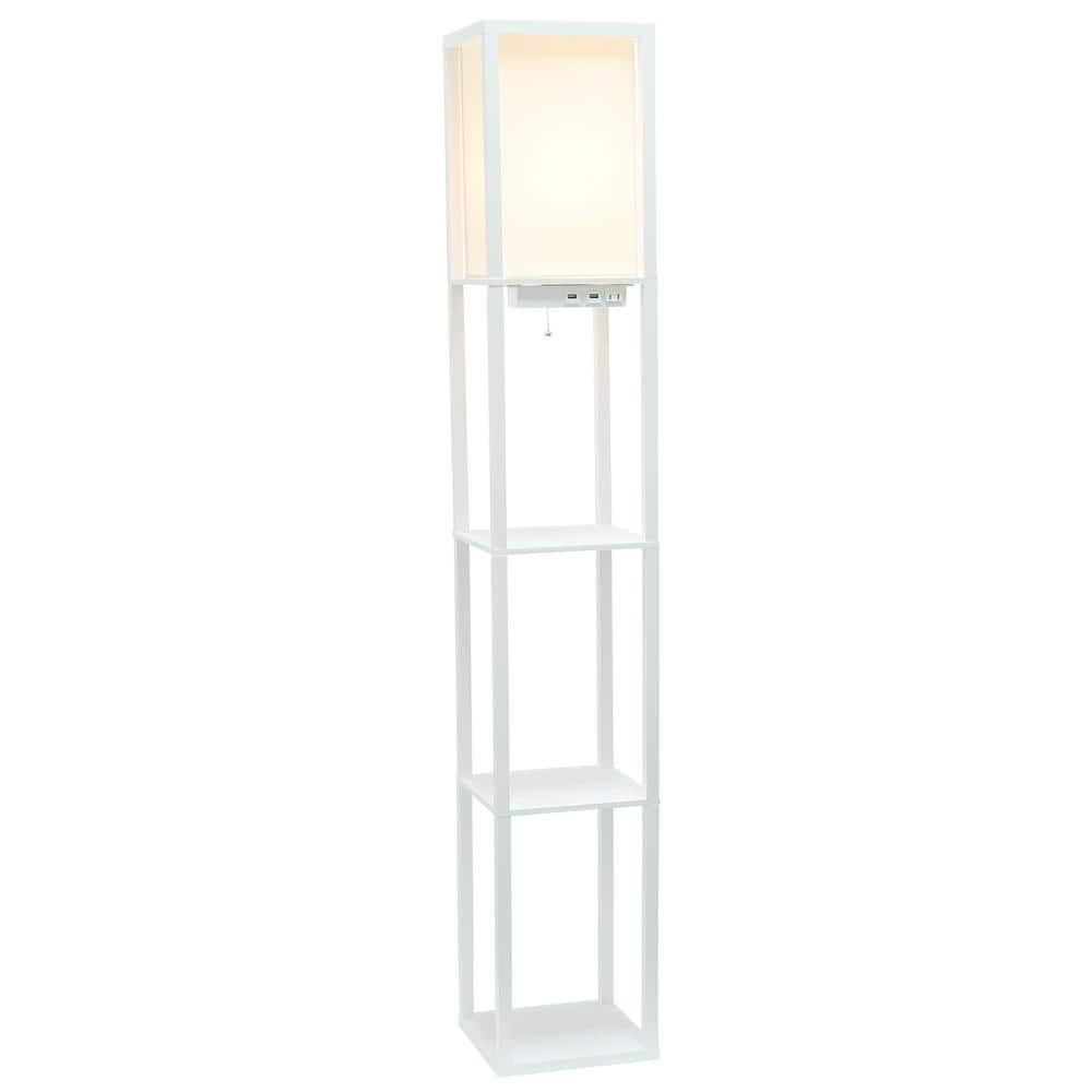 White Wood Floor Lamp with Shelves and Linen Shade