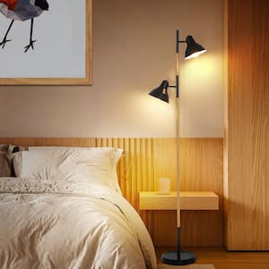 64 in. Modern Wooden Grain Finish 2-Light LED Energy Efficient Tree Floor Lamps with 2 Black Adjustable Horn Lamp Shapes
