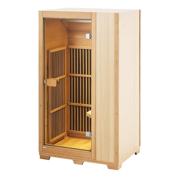 Far Infrared Wooden Sauna 1-Person Indoor Hemlock Sauna Infrared Sauna Spa with Tempered Glass Door 1140Watt Indoor Use