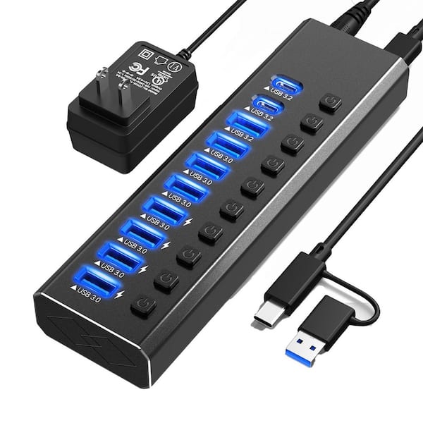 Lukyamzn 10-Port USB 3.2/USB-C Hub with Individual Switches and 12 V Power Adapter Aluminum Design for Desktop Laptop