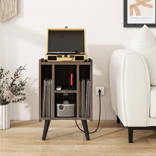 HONEY JOY Grey 0-Drawer 17 in. W Nightstand with Charging Station and USB Ports