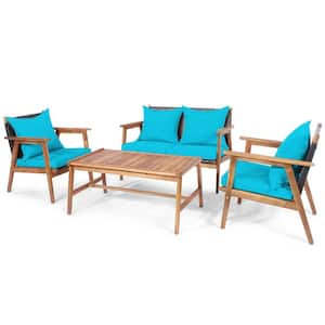 4-Piece Wicker Patio Conversation Set Wood Frame Furniture Set with Turquoise Cushions