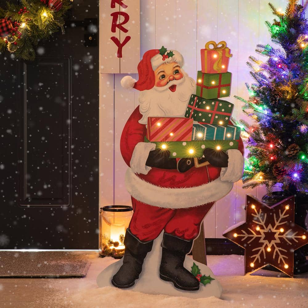 36" Lighted Wooden Santa with Gifts Wall Decor