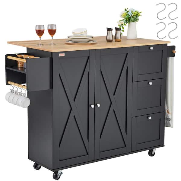 VEVOR Natural Wood Kitchen Island Cart, Rolling Storage Cabinet on Wheel, Kitchen Cart with Drawer and Shelves, Black