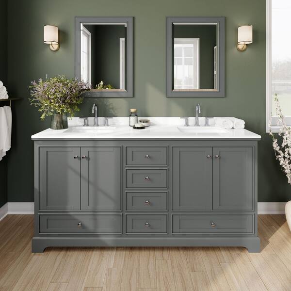 Wyndham Collection Deborah 72 in. W x 22 in. D x 35 in. H Double Bath Vanity in Dark Gray with White Quartz Top and MC Mirrors