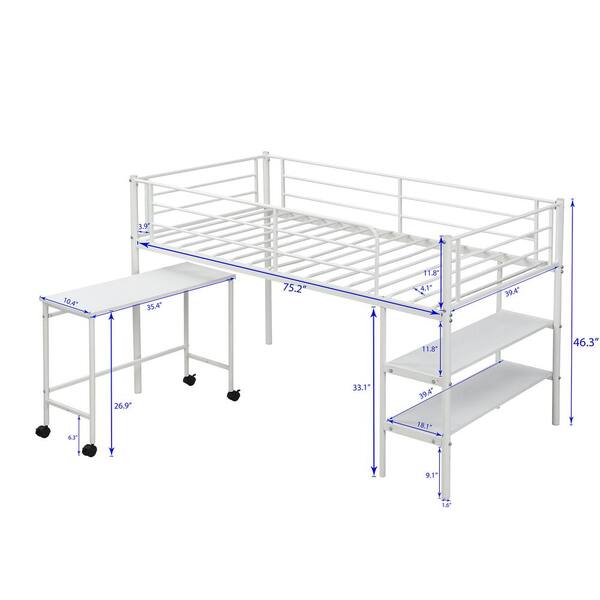 Qualfurn White Twin Size Metal Low Loft, Walker Edison Twin Metal Loft Bed With Desk And Shelving White