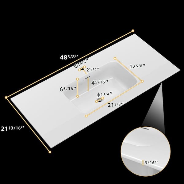 48 in. W x 22 in. D Solid Surface Rectangular Sink Vanity Top in White for Bathroom with Predrilled Faucet Hole