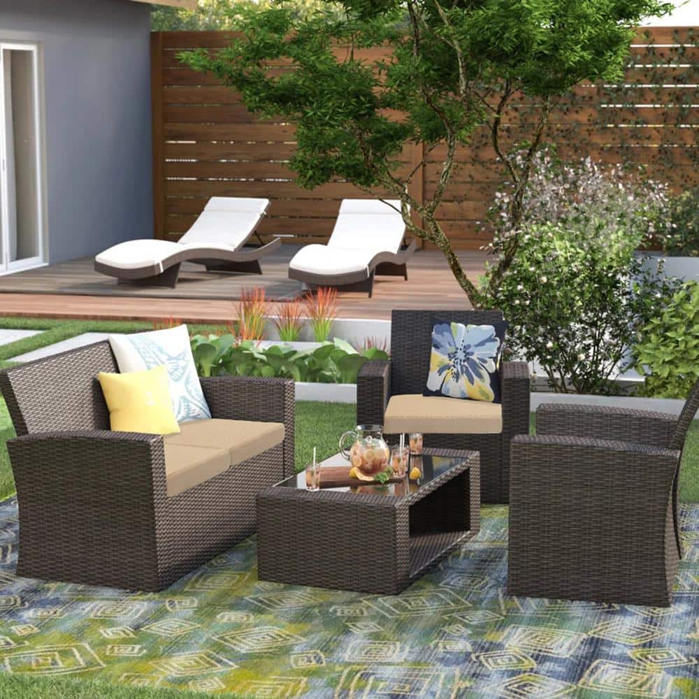 Hudson 4-Piece Dark Brown Wicker Outdoor Patio Set with Beige Cushions