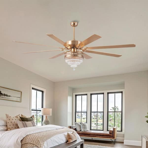 72 in. Indoor Crystal Chandelier Downrod Gold Ceiling Fan Fandelier with Lights and Remote Control