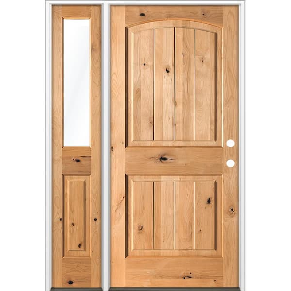 44 in. x 80 in. Knotty Alder Arch Top Left-Hand/Inswing Clear Glass BEHR Cedar Stain Wood Prehung Front Door w/ LHSL
